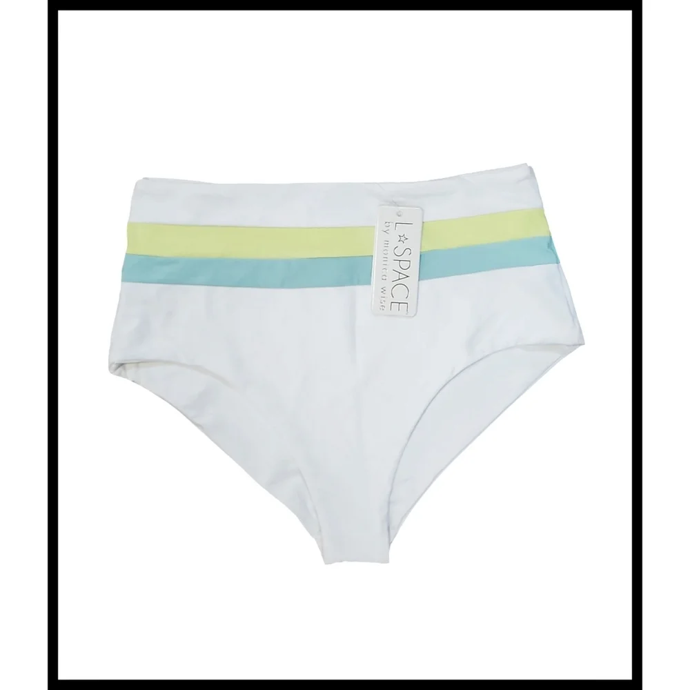 NWT L Space Portia Colorblock Stripe Swim Bikini Bottom Lined White Large NEW